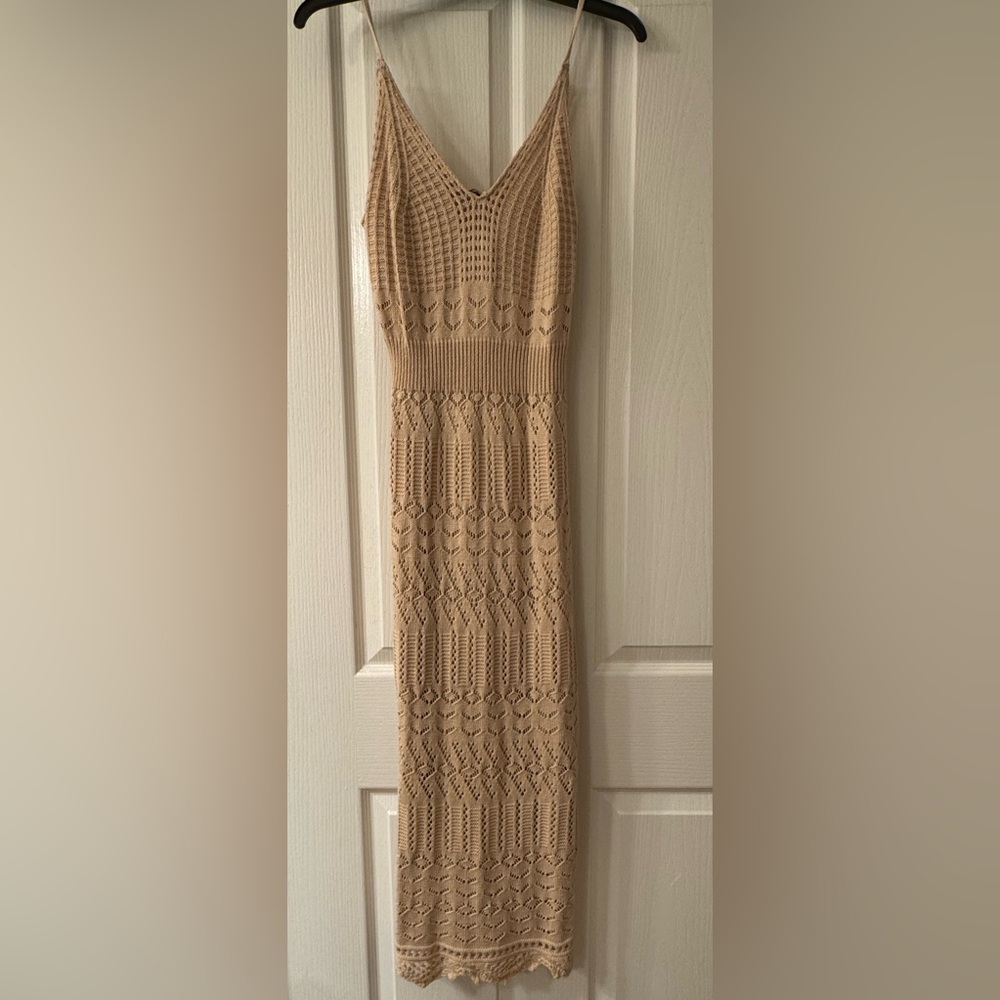 Freshman Pointelle Midi Dress in Western Tan .